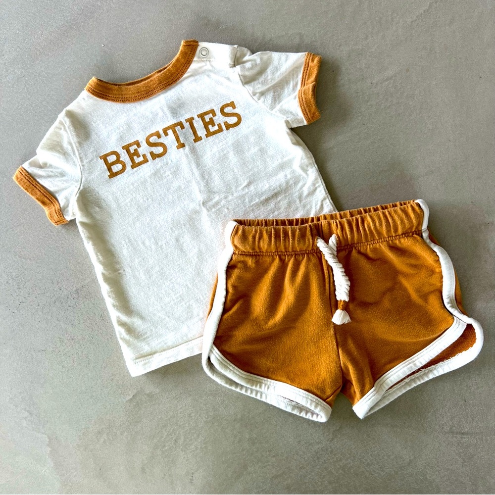 LITTLE‎ CO Besties Matching Tee & Shorts set, Cream & Camel, 9m